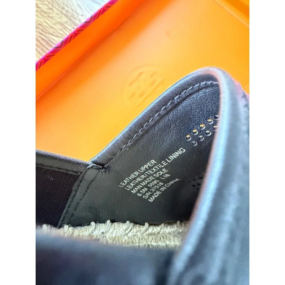 Tory Burch Black Perforated Logo Nappa Leather Espadrille Flats Size 6.5